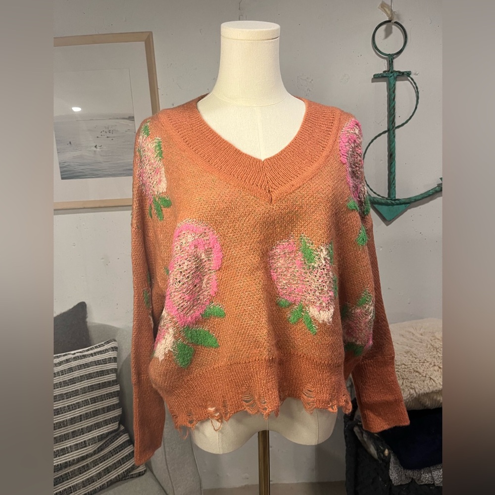 Anthropologie Floral Knit Sweater - Pink and Green - Picture 3 of 9